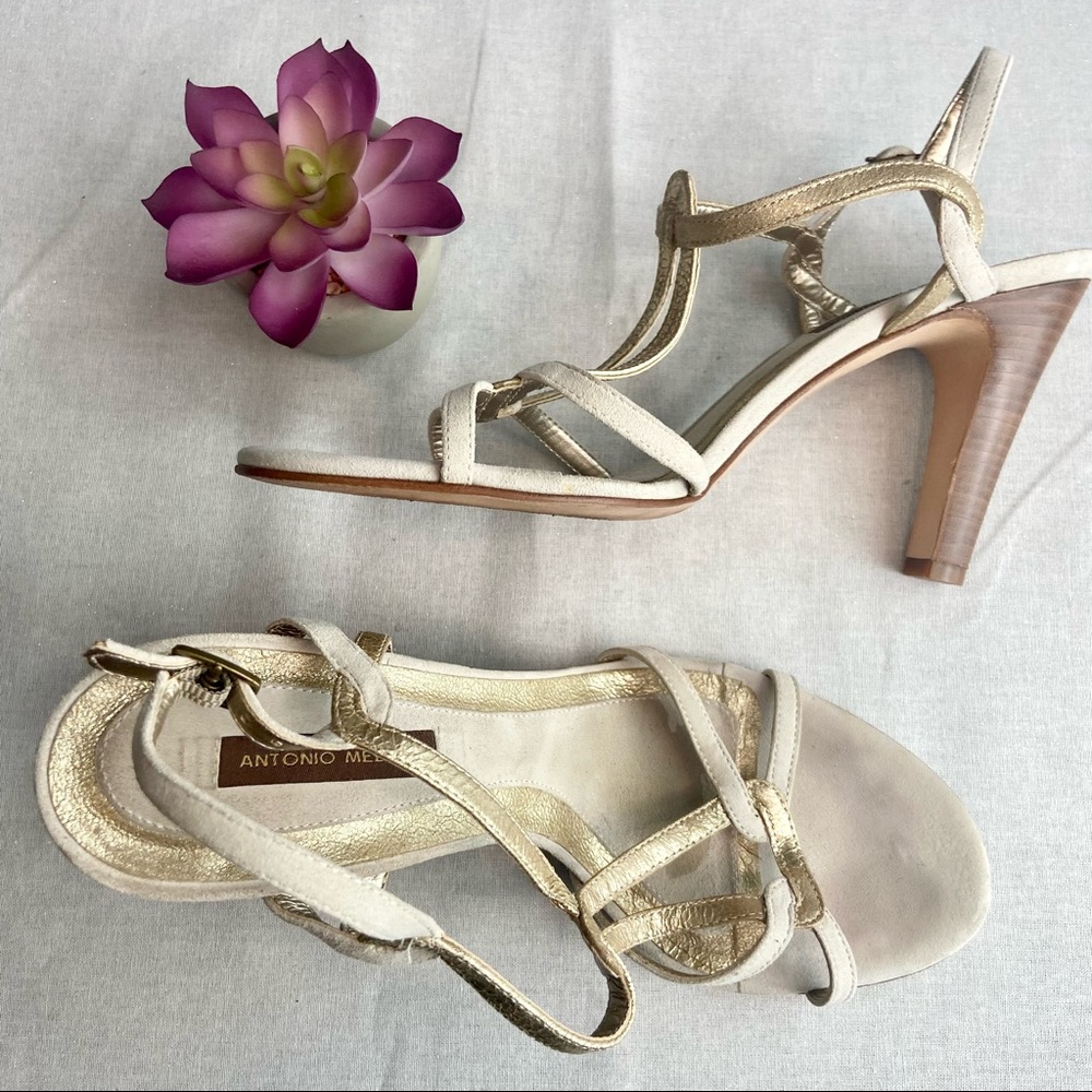 Used Antonio Melani Ivory Metallic Gold Strappy Womens Open Toe Heels
